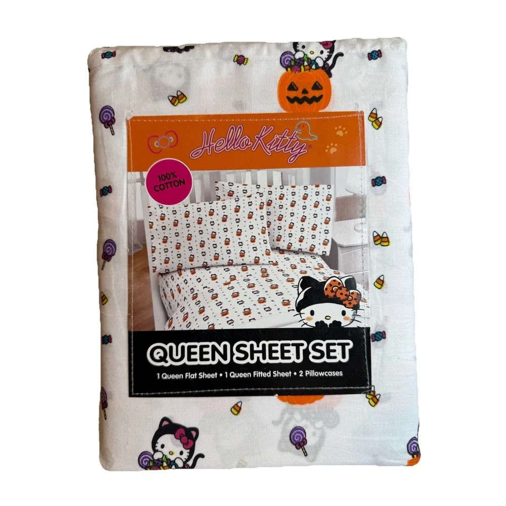 Hello Kitty Halloween‎ 4 Piece Queen Sheet Set Cats & Pumpkins NEW